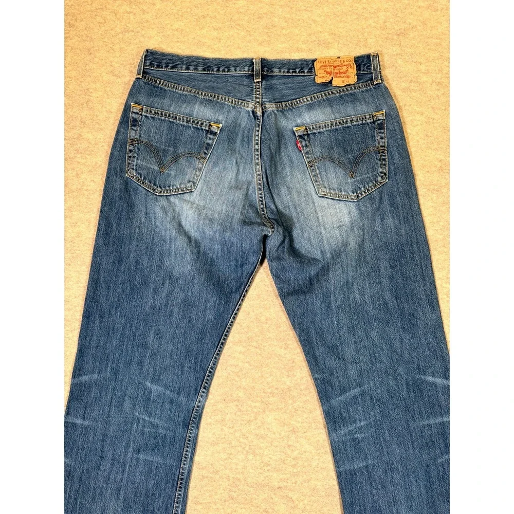 Levis 501 Jeans Mens 36x34 Blue Whiskering Denim Cotton Straight‎ Leg Button Fly